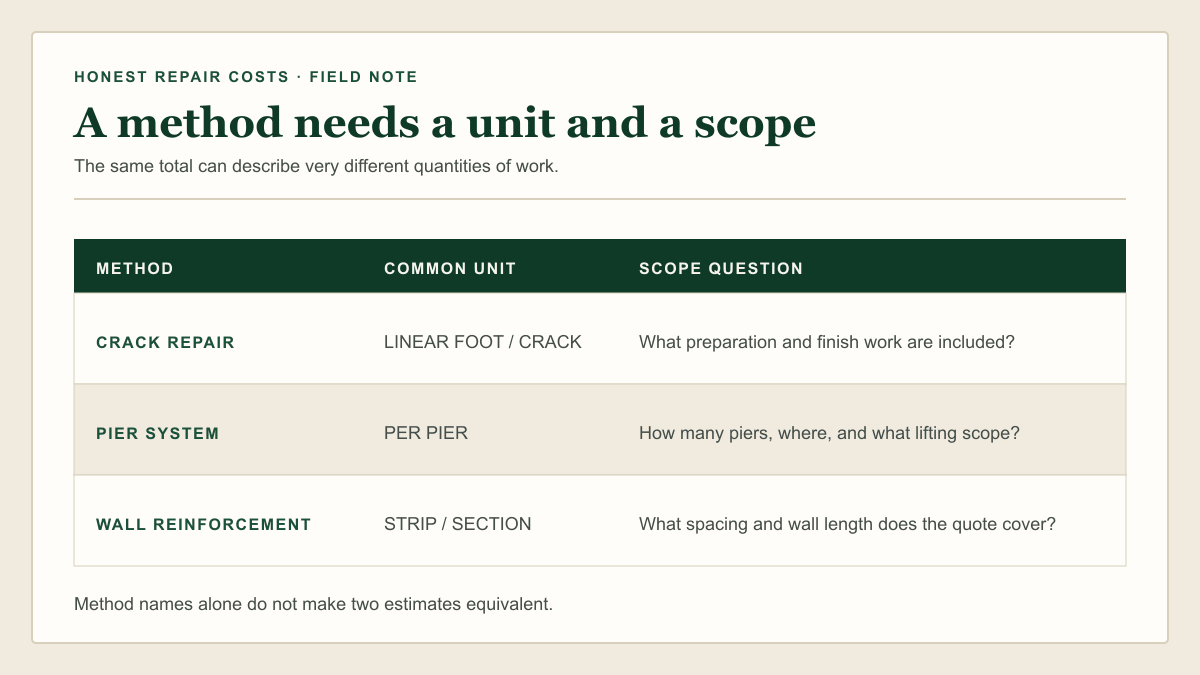 A comparison diagram pairing repair methods with pricing units and scope questions.
