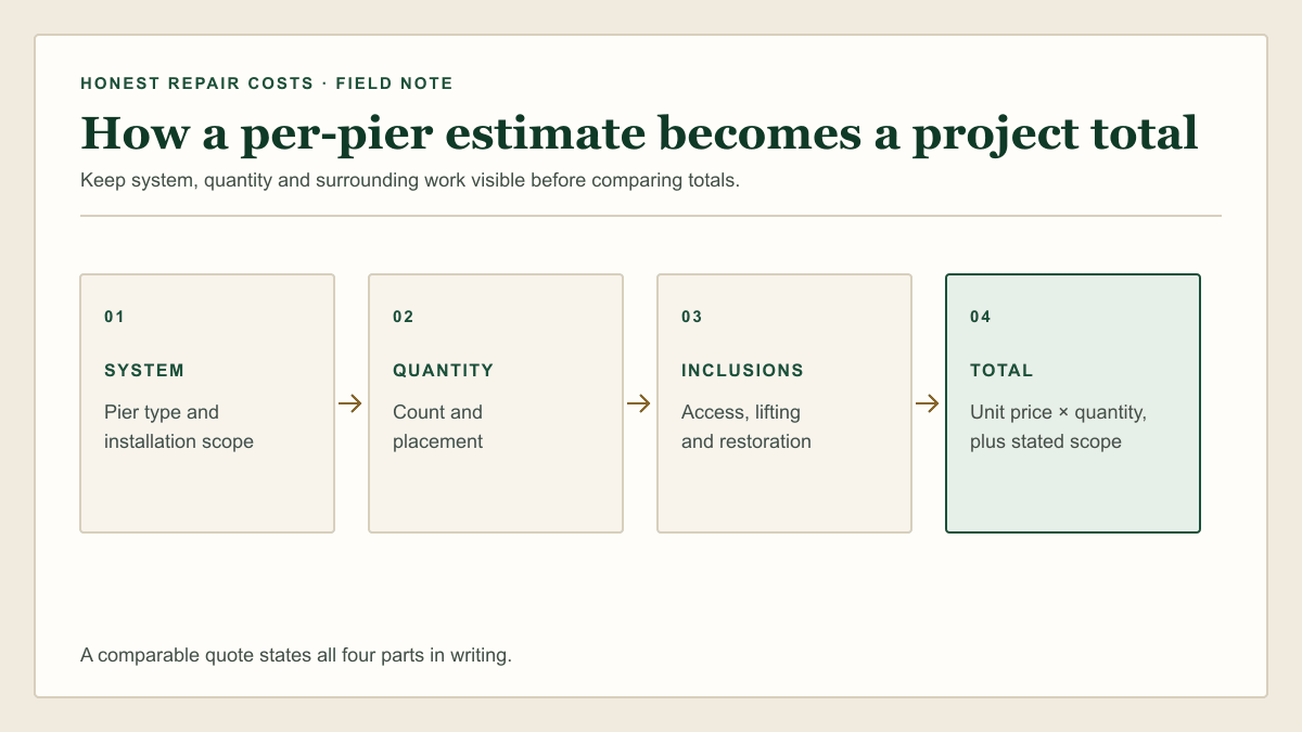 A four-step diagram showing pier system, documented quantity, included work and project total.